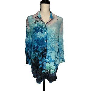 Soft Surroundings Silk Button Up Shirt Long Sleeve Pretty Blue Floral Ombre S